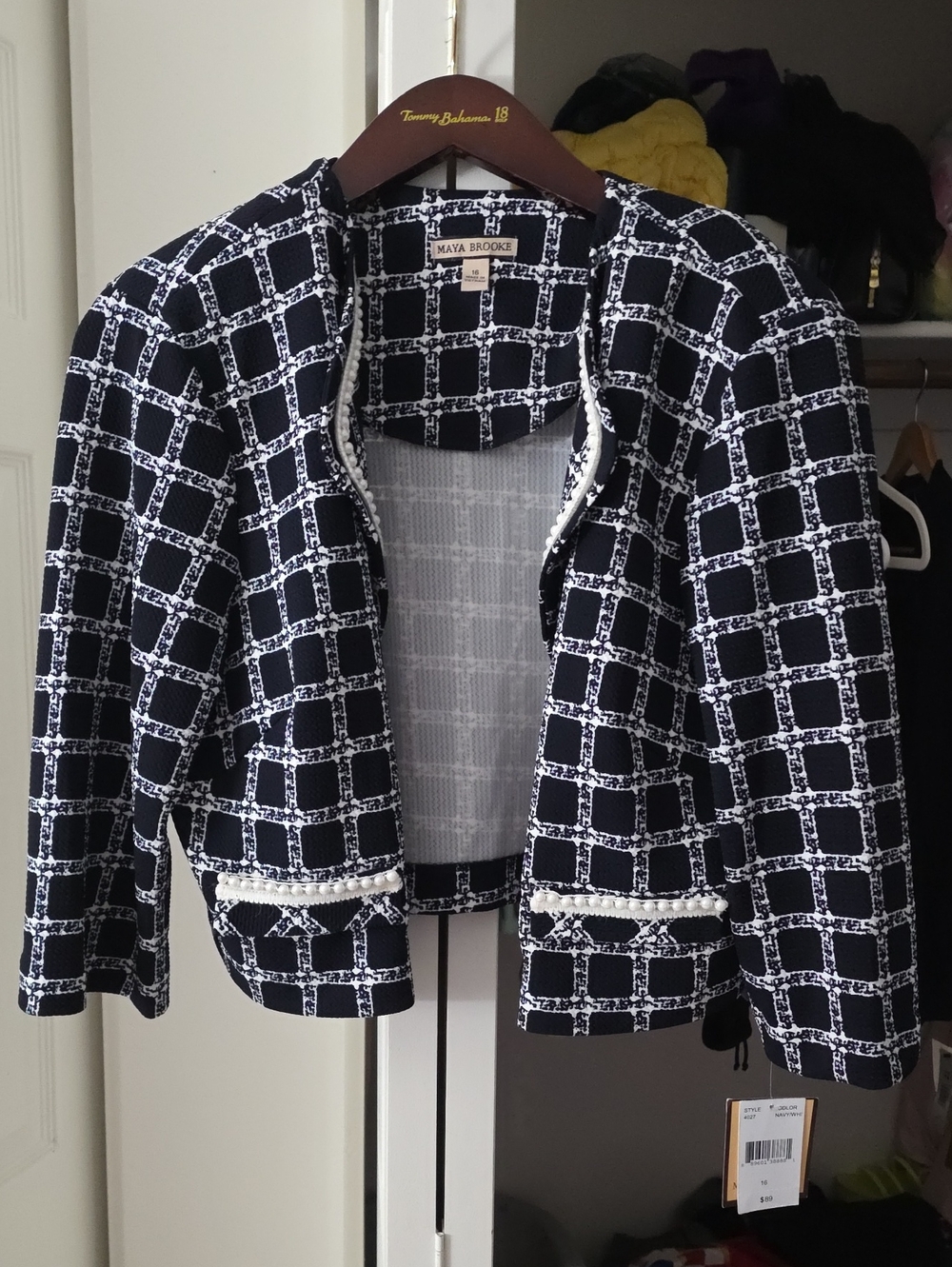 Maya Brooke Navy & White Geometric Open-Front Jacket